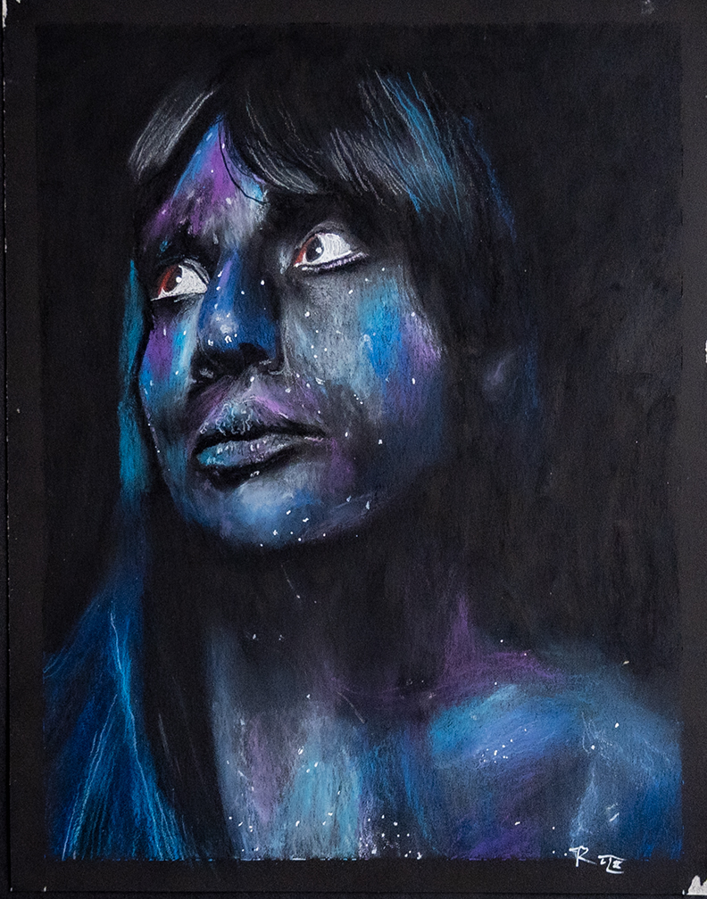A hand drawn portrait of a woman. Her face is painted like a night sky with colorful nebulas and shiny stars.